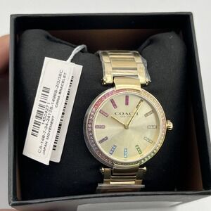 Coach Watch Womens Gold Tone Rainbow Crystal Markers 36mm Stainless Bracelet New